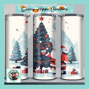 Skinny Tumbler Retro Santa Claus Christmas Tree Holiday Stainless-Steel 20oz